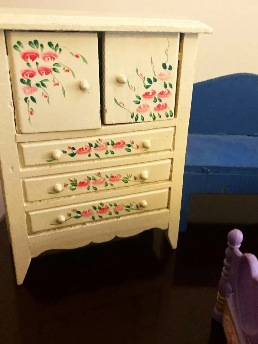 Vintage Doll House Wooden Furniture, Hand made and 1 Plastic Bed